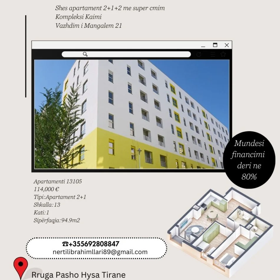 Tirane, shes apartament 2+1+Ballkon Kati 0, 95 m² 114.000 € (Rruga Pasho Hysa Tirane)