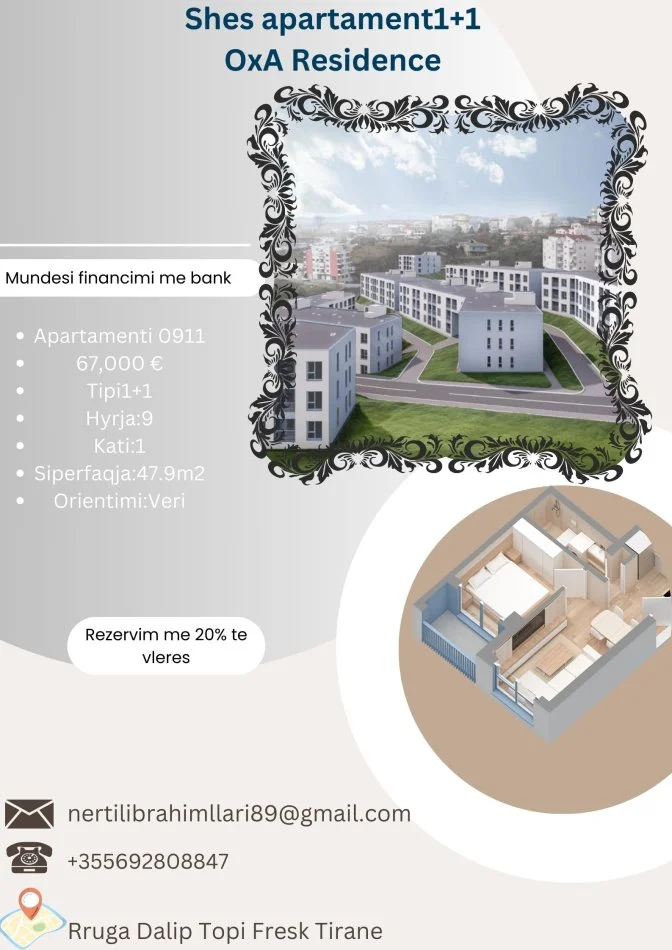 Tirane, shes apartament 1+1+Ballkon Kati 1, 48 m² 67.000 € (Rruga Dalip Topi Fresk Tirane)