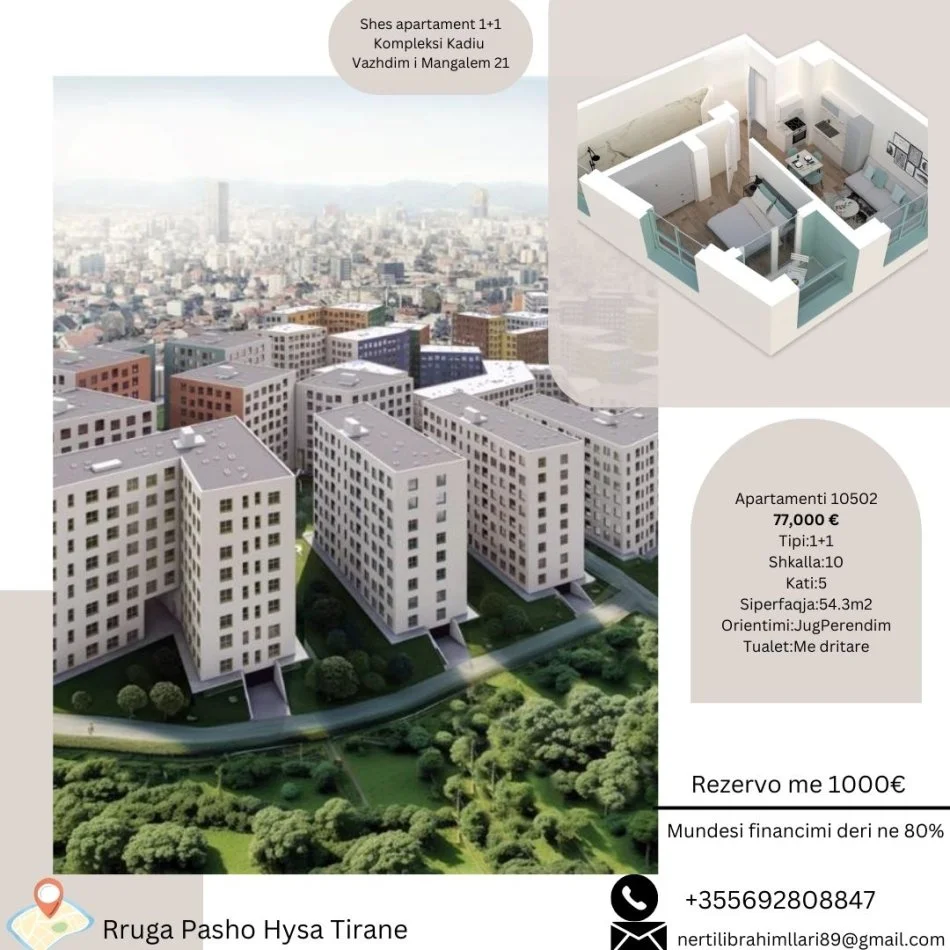 Tirane, shes apartament 1+1+Ballkon Kati 5, 54 m² 77.000 € (Rruga Pasho Hysa Tirane)