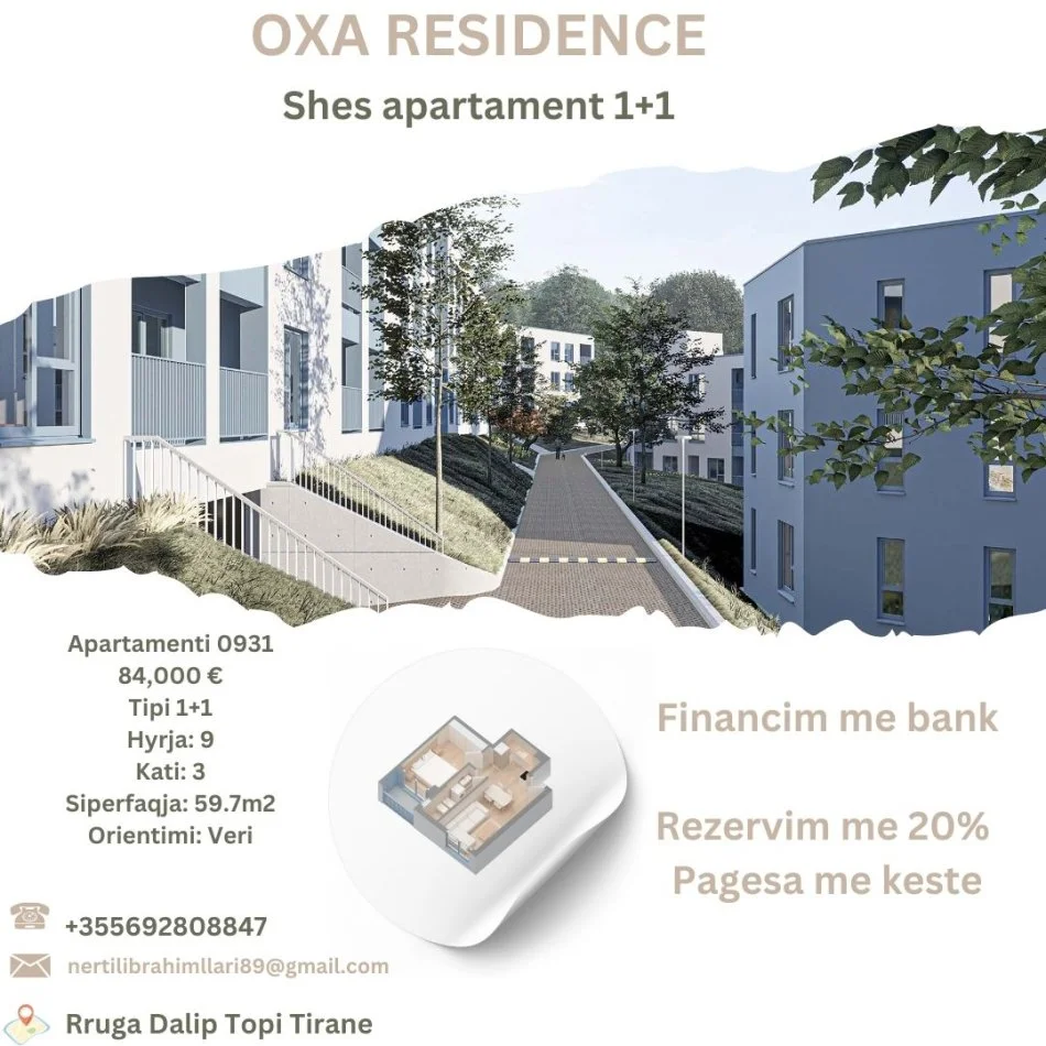 Tirane, shes apartament 1+1+Ballkon Kati 3, 60 m² 84.000 € (Rruga Dalip Topi Tirane)