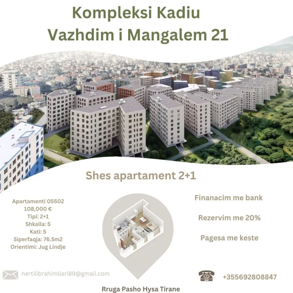 Tirane, shes apartament 2+1+Ballkon Kati 5, 76 m² 108.000 € (Rruga Pasho Hysa Tirane)