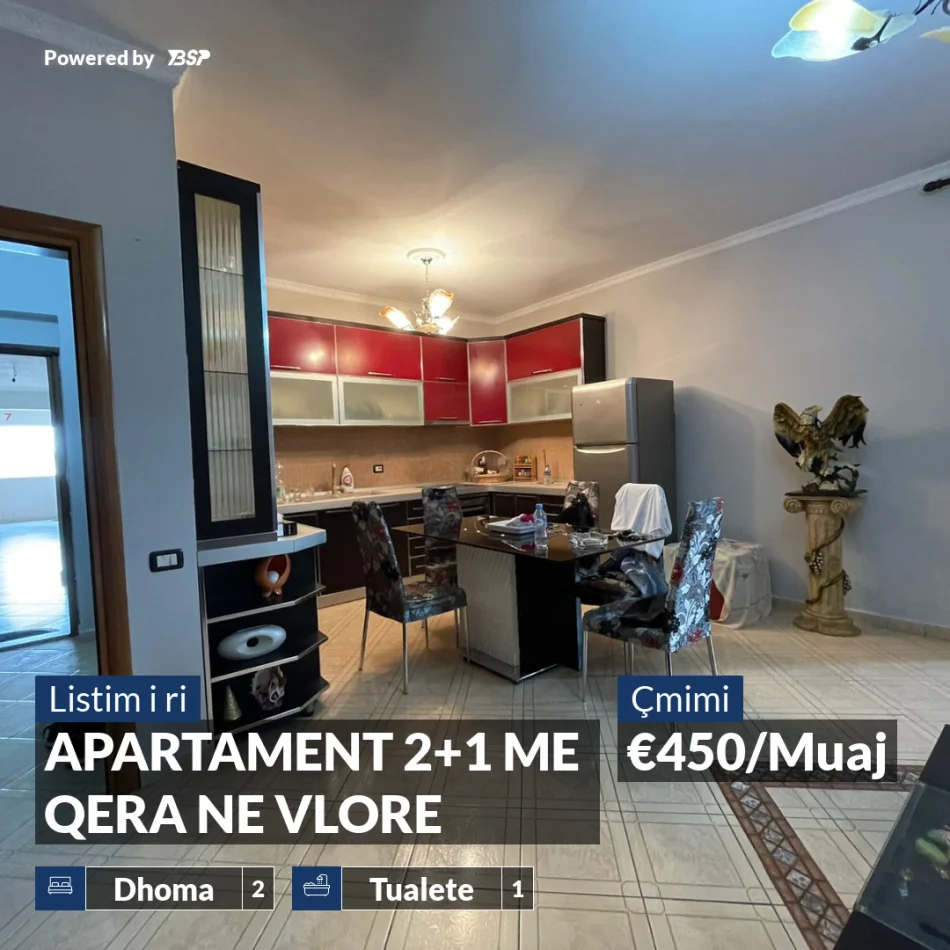 Vlore, jepet me qera apartament 2+1+Ballkon , 450 € (Perballe shkolles “Jani Minga”)