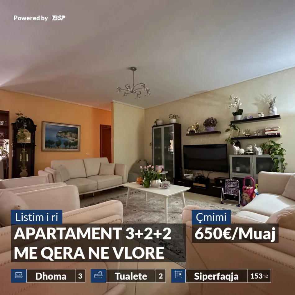Vlore, jepet me qera apartament 3+1+Ballkon Kati 7, 153 m² 650 € (VLORE-SKELE)