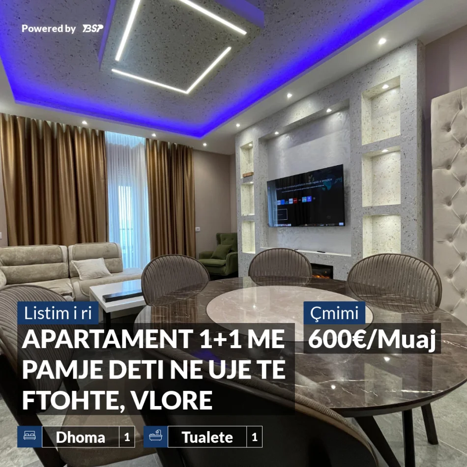 Vlore, jepet me qera apartament 1+1+Ballkon , 601 € (UJE I FTOHTE)