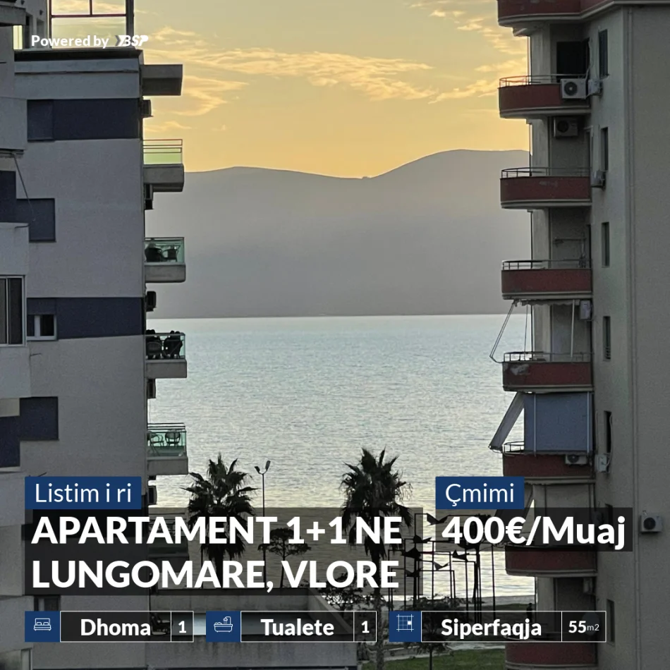 Vlore, jepet me qera apartament 1+1+Ballkon Kati 5, 55 m² 400 € (LUNGOMARE)