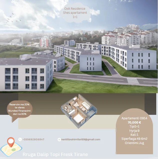 Tirane, shes apartament 1+1+Ballkon Kati 1, 50 m² 70.000 € (Rruga Dalip Topi Fresk Tirane)