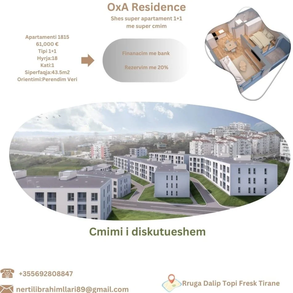 Tirane, shes apartament 1+1+Ballkon Kati 1, 43 m² 61.000 € (Rruga Dalip Topi Fresk Tirane)