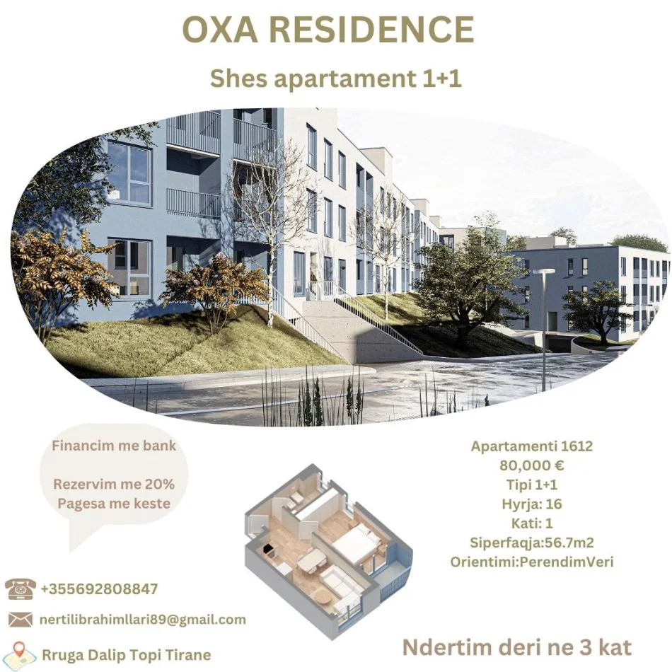 Tirane, shes apartament 1+1+Ballkon Kati 1, 57 m² (Rruga Dalip Topi Fresk Tirane)