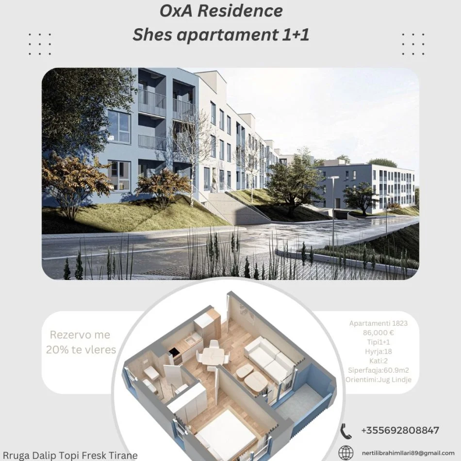 Tirane, shes apartament 1+1+Ballkon Kati 2, 61 m² 86.000 € (Rruga Dalip Topi)