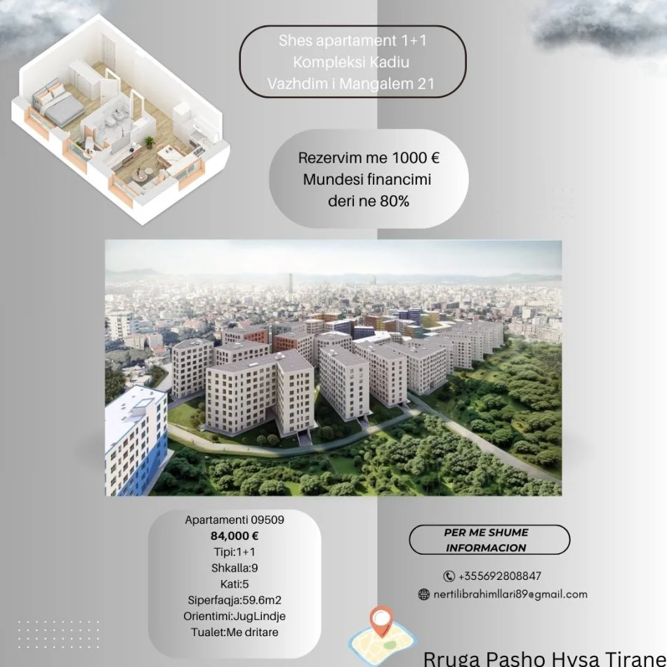 Tirane, shes apartament 1+1+Ballkon Kati 5, 60 m² 84.000 € (Rruga Pasho Hysa Tirane)