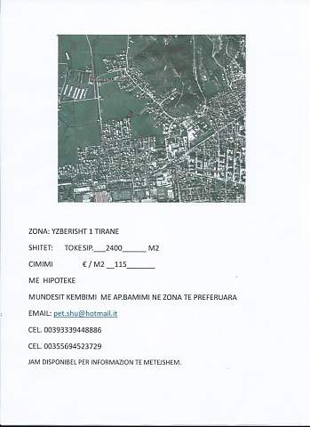 tirane,yzberisht1.shitet toke sip.2400m2. 100 eu-m2