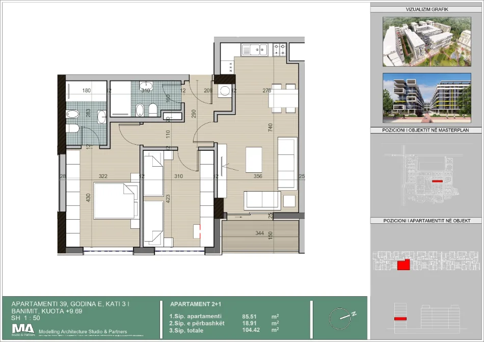 Tirane, shes apartament 2+1+Ballkon Kati 3, 105 m² 125.304 € (Univers City prane QTU)
