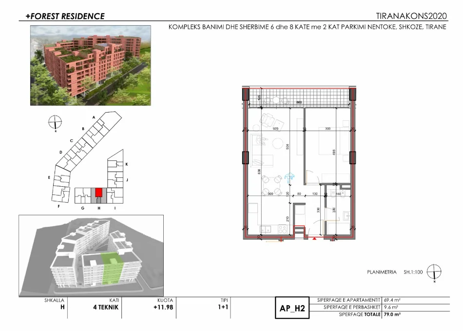 Tirane, shitet 1+1+Ballkon Kati 4, 79 m² 