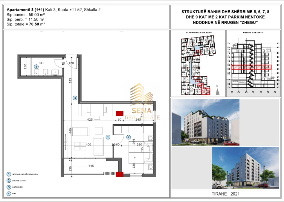Tirane, shitet apartament 1+1+Ballkon Kati 3, 70 m² 108.000 € (Ali Demi)