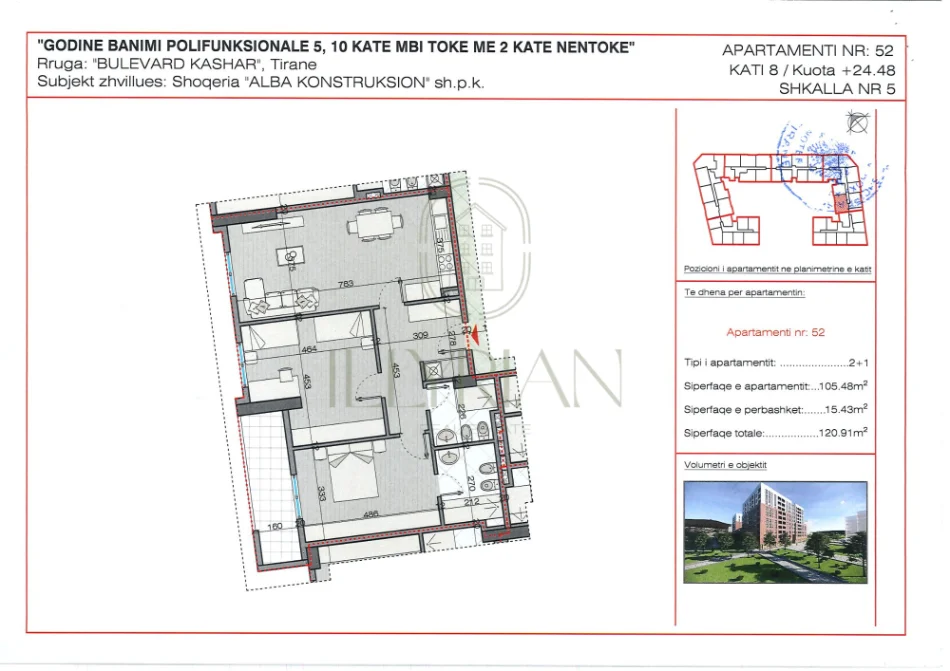 Apartament 2+1 në shitje – Bulevard Kashar, Tiranë (105.48 m²)