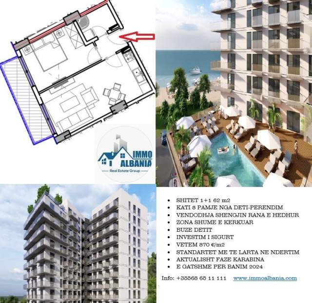 Tirane, shitet apartament 1+1+BLK Kati 8, 62 m² 870 Euro/m2 (Rana e Hedhur)