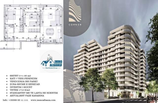 Tirane, shitet 2+1 Kati 7, 1.710 Euro/m2 - Ish-parku Corner Residence