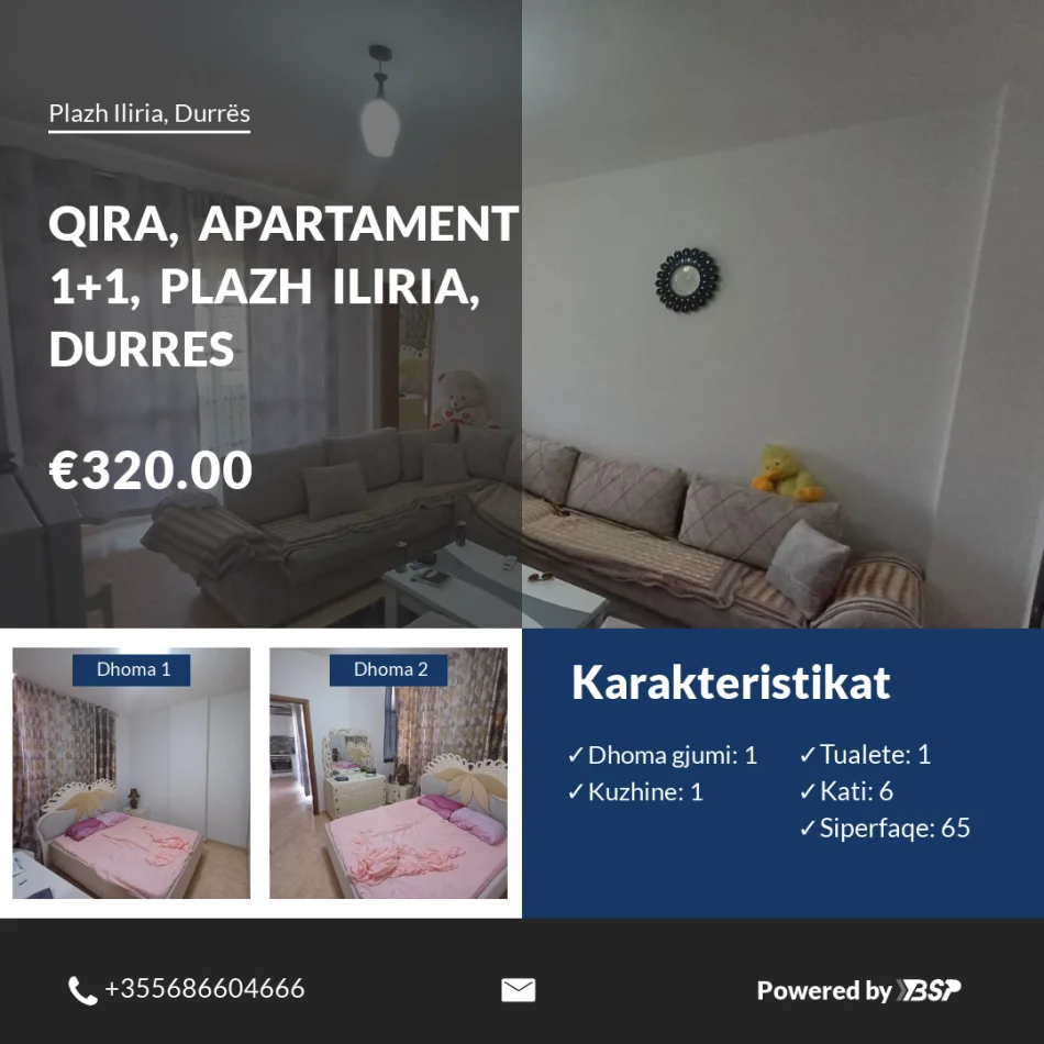 Durres, jepet me qera apartament 1+1+Ballkon Kati 5, 65 m² 320 € (Plazh Iliria, Durres)