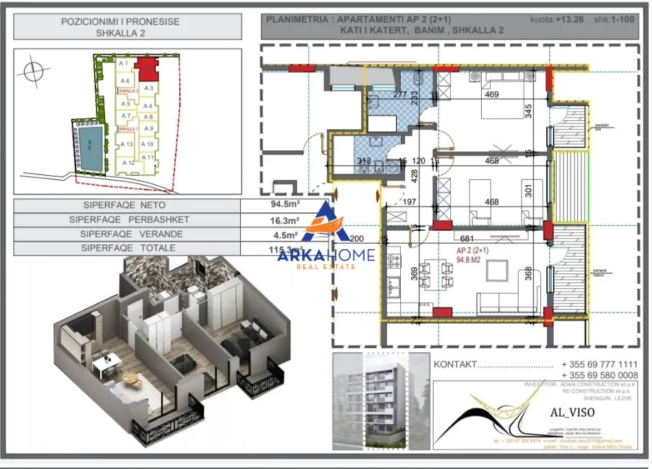 Tirane, shitet 2+1+Ballkon Kati 4, 115 m² 132.247 € (Shëngjin, Lezhë Municipality, Lezhë County, Northern Albania, 4503, Albania)