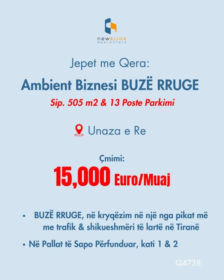 Me Qira: Ambient Biznesi BUZE RRUGE ( 505m2 ) | 15,000 Euro/Muaj | me 13 Poste Parkimi | Ne Zone me Trafik & Shikueshmeri te Larte