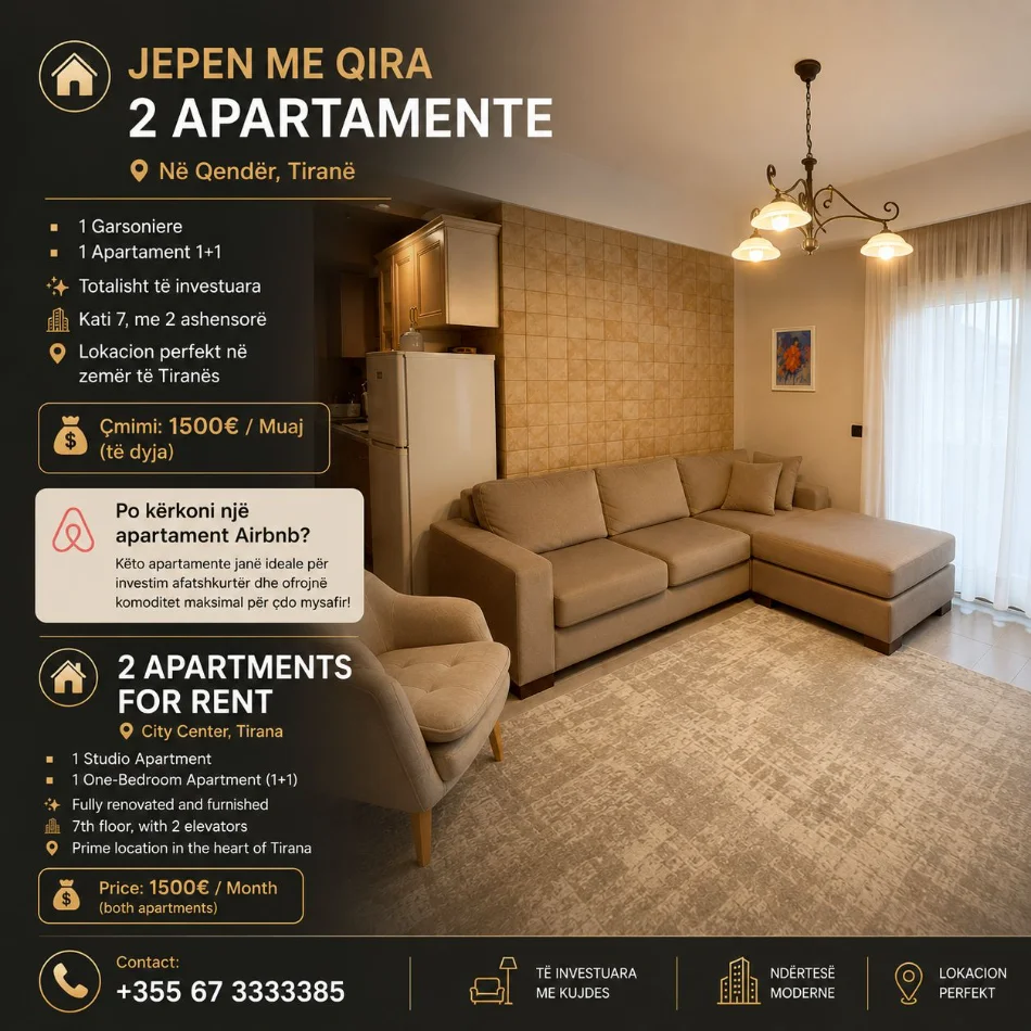 Tirane, jepet me qera apartament 1+1+Aneks+Ballkon Kati 7, 1.500 € (qender)