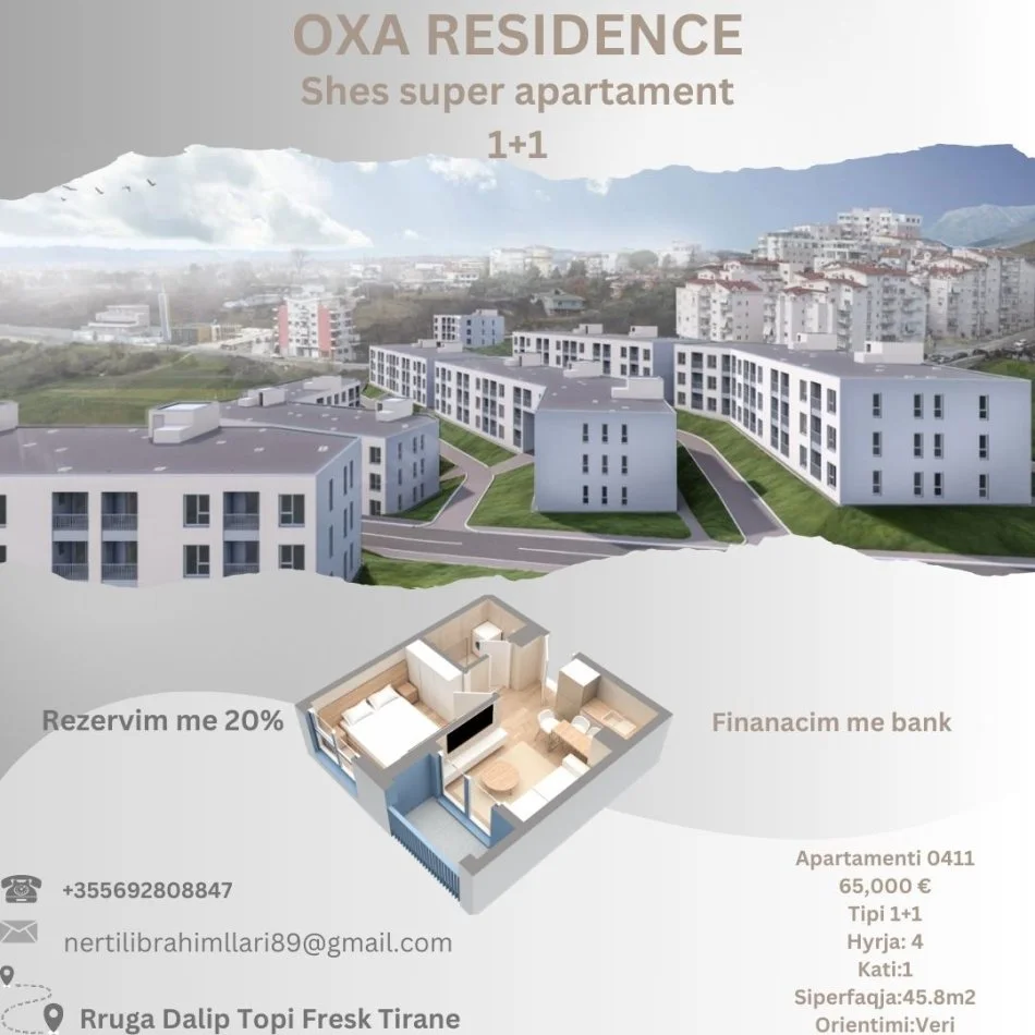 Tirane, shes apartament 1+1+Ballkon Kati 1, 46 m² 65.000 € (Rruga Dalip Topi Fresk Tirane)