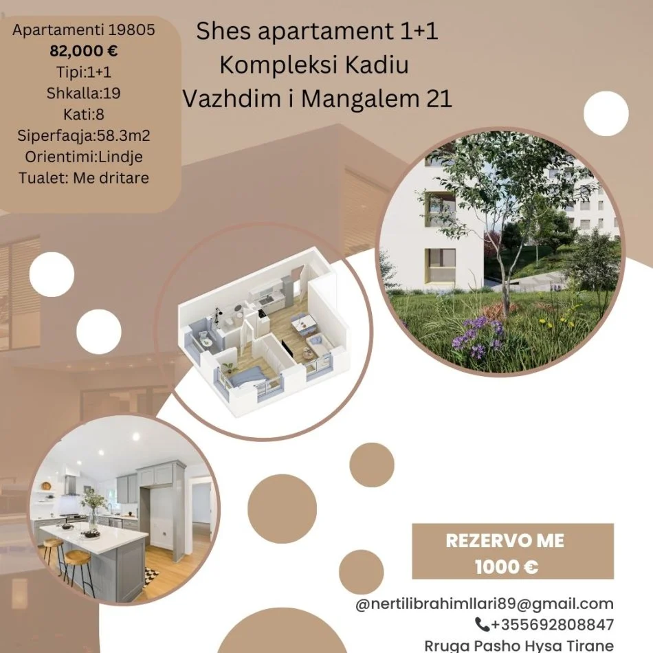 Tirane, shes apartament 1+1+Ballkon Kati 8, 58 m² 82.000 € (Rruga Pasho Hysa Tirane)