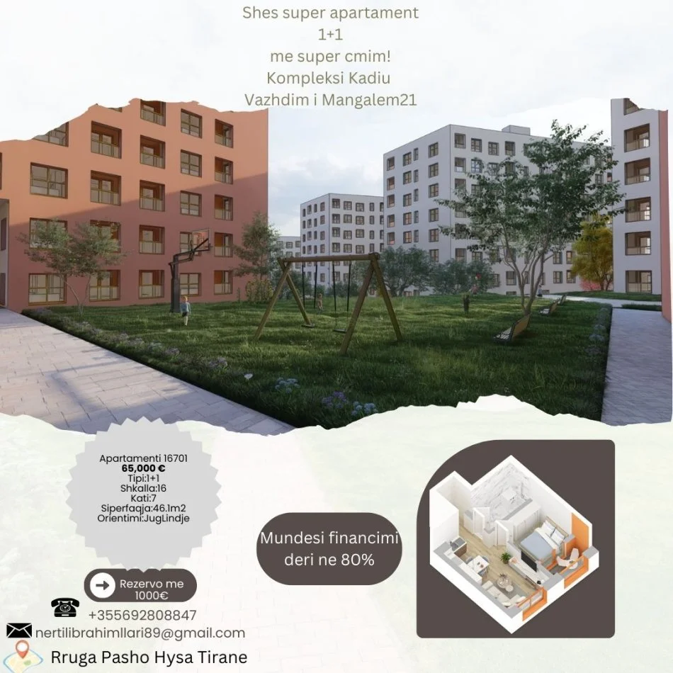 Tirane, shes apartament 1+1+Ballkon Kati 7, 46 m² 65.000 € (Rruga Pasho Hysa Tirane)