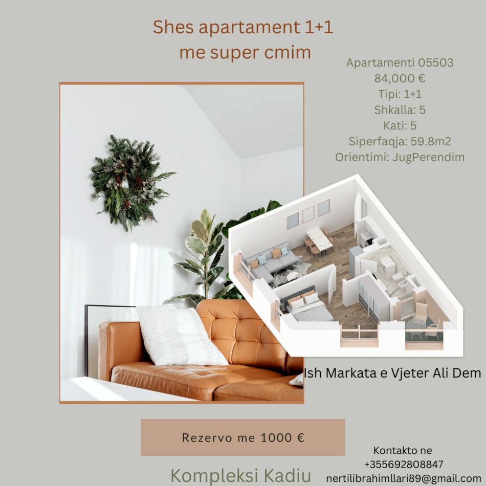 Tirane, shes apartament 1+1+Ballkon, Kati 5, 60 m² 84,000 € (Rruga Pasho Hysa Tirane)