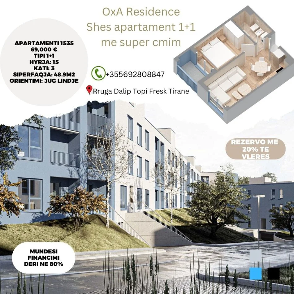 Tirane, shes apartament 1+1+Ballkon Kati 3, 49 m² 355.692.808.847 € (Rruga Dalip Topi Fresk Tirane)