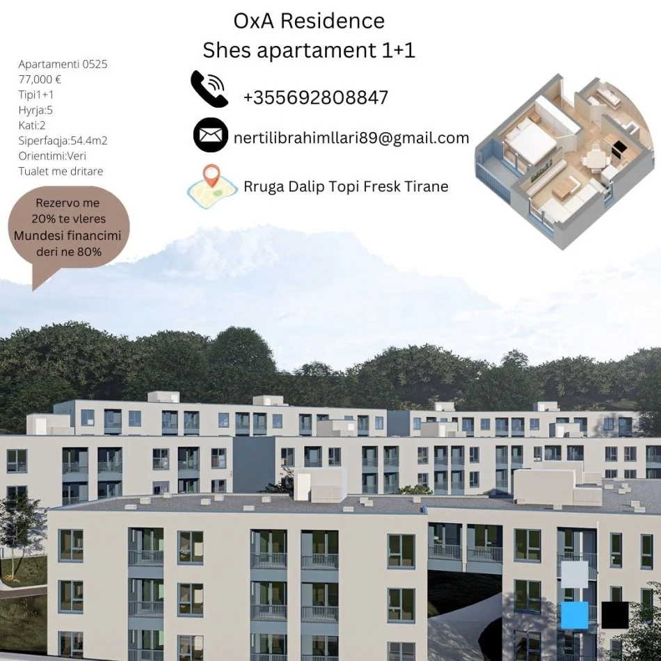 Tirane, shes apartament 1+1+Ballkon Kati 2, 54 m² 77.000 € (Rruga Dalip Topi Fresk Tirane)
