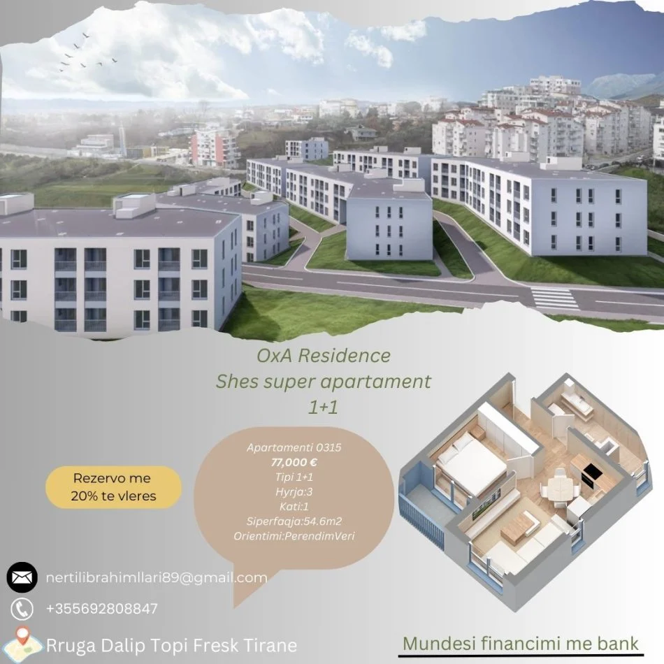 Tirane, shes apartament 1+1+Ballkon Kati 1, 55 m² 77.000 € (Rruga Dalip Topi Fresk Tirane)