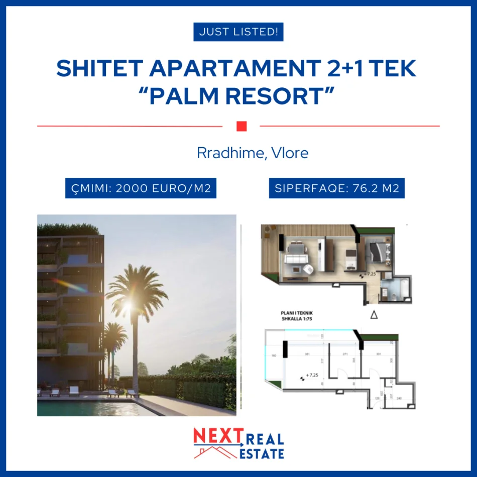 REZERVO PRONEN VETEM ME 500€! shitet apartament 2+1 Kati 2, 76 m², 152400 EURO (Rradhime, Vlore)