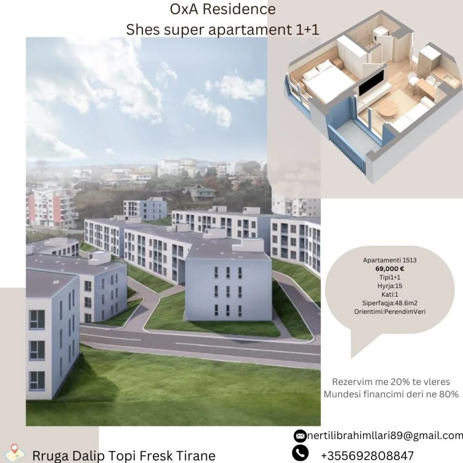 Tirane, shes apartament 1+1+Ballkon Kati 1, 49 m² 69.000 € (Rruga Dalip Topi Fresk Tirane)