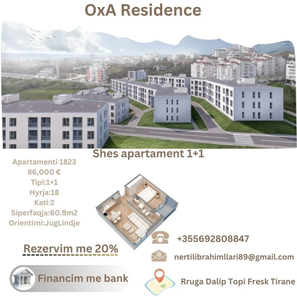 Tirane, shes apartament 1+1+Ballkon Kati 2, 61 m² 86.000 € (Rruga Dalip Topi Fresk Tirane)