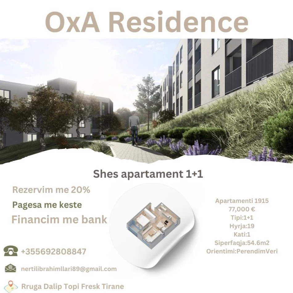 Tirane, shes apartament 1+1+Ballkon Kati 1, 55 m² 77.000 € (Rruga Dalip Topi Fresk Tirane)