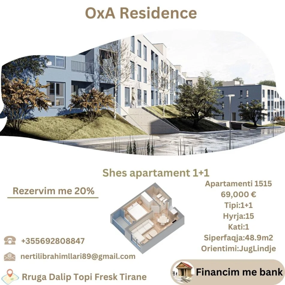 Tirane, shes apartament 1+1+Ballkon Kati 1, 49 m² 69.000 € (Rruga Dalip Topi Fresk Tirane)