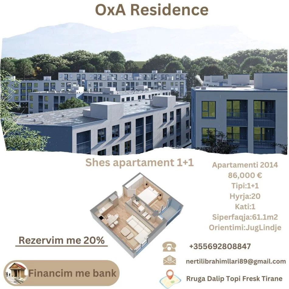 Tirane, shes apartament 1+1+Ballkon Kati 1, 61 m² 86.000 € (Rruga Dalip Topi Fresk Tirane)