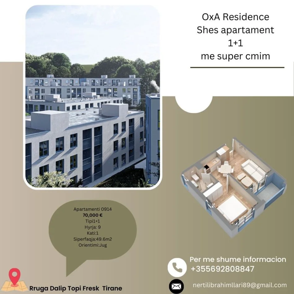 Tirane, shes apartament 1+1+Ballkon Kati 1, 50 m² 70.000 € (Rruga Dalip Topi Fresk Tirane)