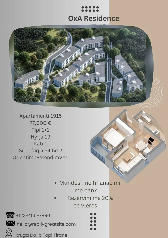 Tirane, shes apartament 1+1+Ballkon Kati 1, 55 m² 77.000 € (Dalip Topi Fresk Tirane)