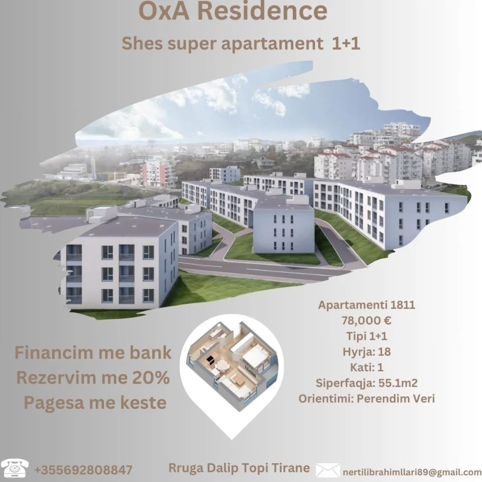 Tirane, shes apartament 1+1+Ballkon Kati 1, 55 m² 78.000 € (Rruga Dalip Topi Tirane)