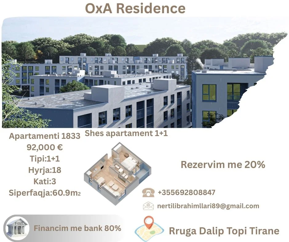 Tirane, shes apartament 1+1+Ballkon Kati 2, 61 m² 92.000 € (Rruga Dalip Topi Fresk Tirane)