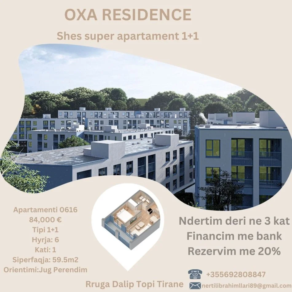 Tirane, shes apartament 1+1+Ballkon , 60 m² 84.000 € (Rruga Dalip Topi Fresk Tirane)