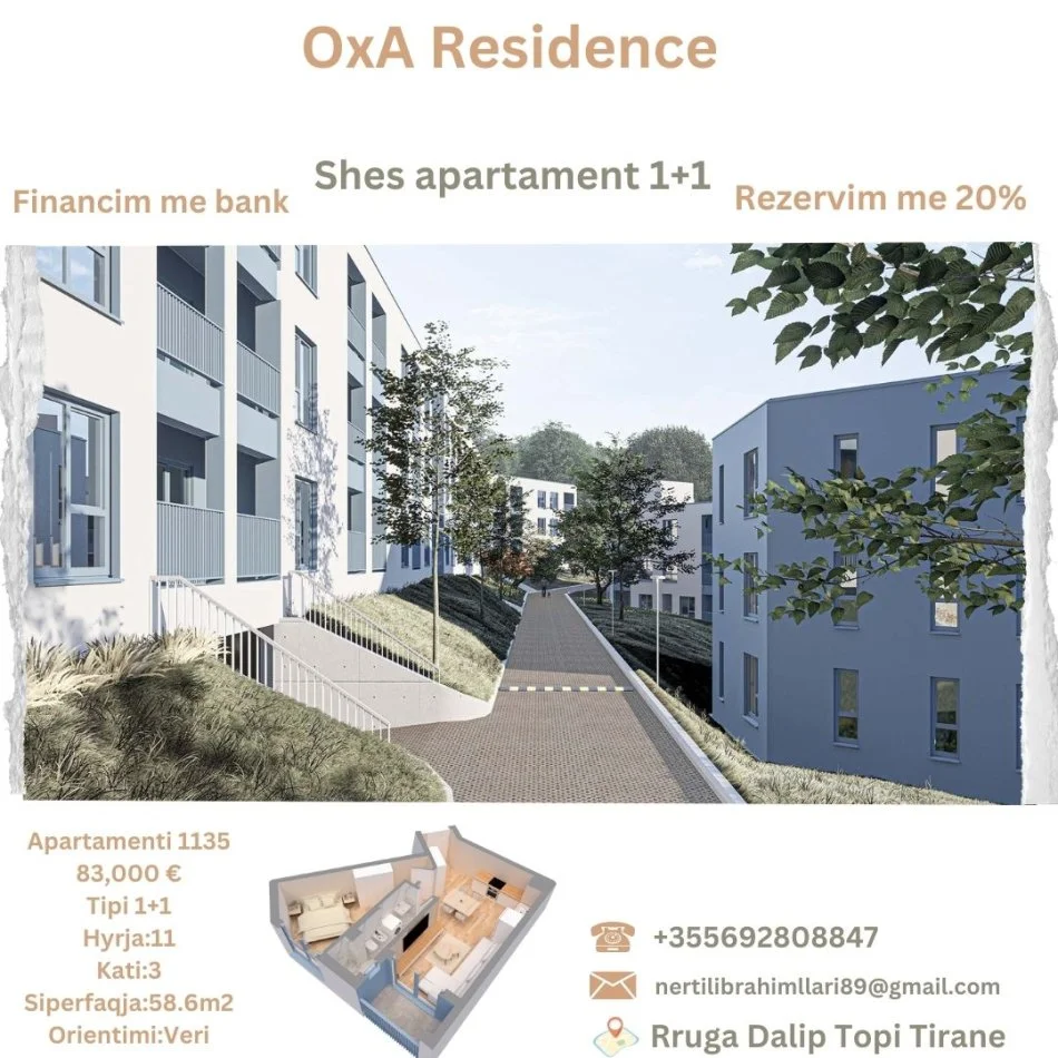 Tirane, shes apartament 1+1+Ballkon Kati 3, 59 m² 83.000 € (Rruga Dalip Topi Tirane)