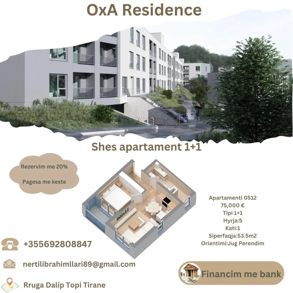 Tirane, shes apartament 1+1+Ballkon Kati 1, 53 m² 75.000 € (Rruga Dalip Topi Fresk Tirane)