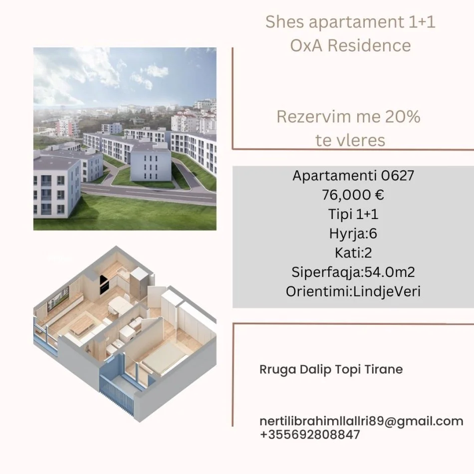 Tirane, shes apartament 1+1+Ballkon Kati 2, 54 m² 76,000 € (Rruga Dalip Topi)