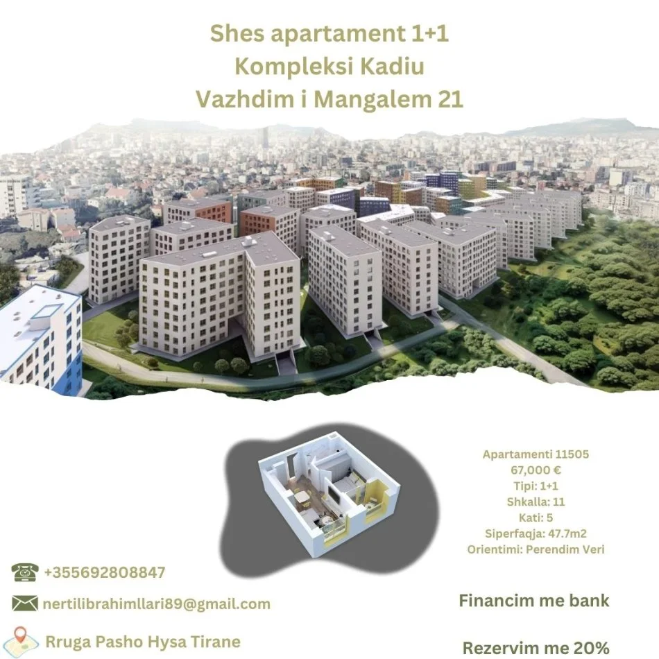 Tirane, shes apartament 1+1+Ballkon Kati 5, 48 m² 67.000 € (Rruga Pasho Hysa Tirane)