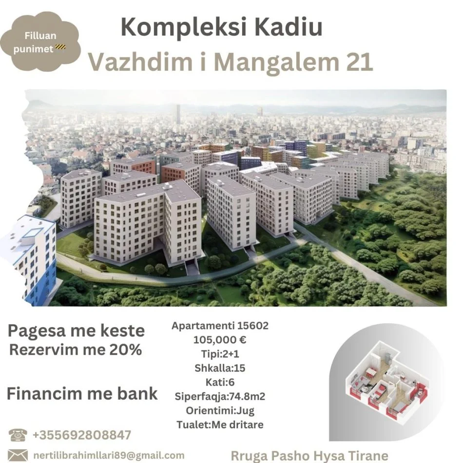 Tirane, shes apartament 2+1+Ballkon Kati 6, 75 m² 105.000 € (Rruga Pasho Hysa Tirane)