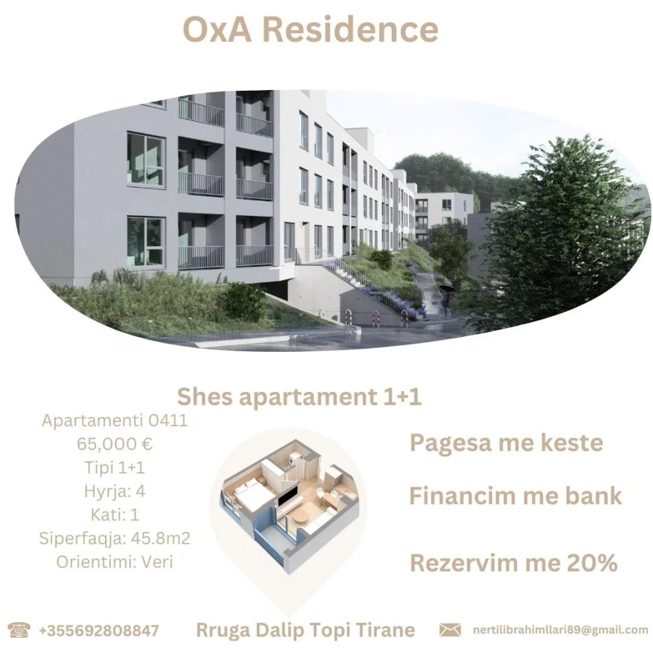 Tirane, shes apartament 1+1+Ballkon Kati 1, 46 m² 65.000 € (Rruga Dalip Topi Tirane)