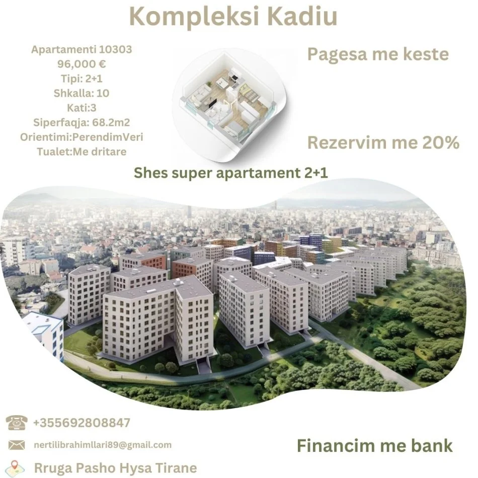 Tirane, shes apartament 2+1+Ballkon Kati 3, 68 m² 96.000 € (Rruga Pasho Hysa Tirane)